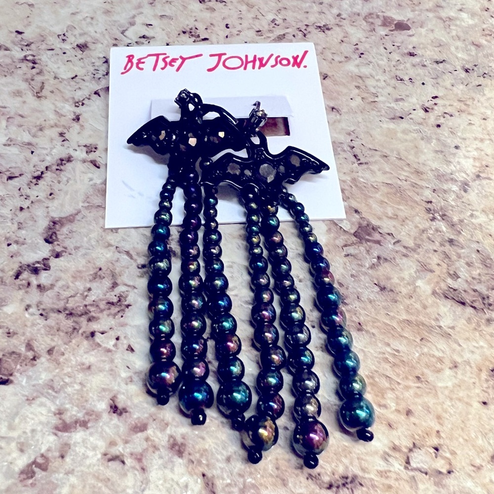 BETSEY JOHNSON Dangling Beaded Bat Lever-back Earrings NWT